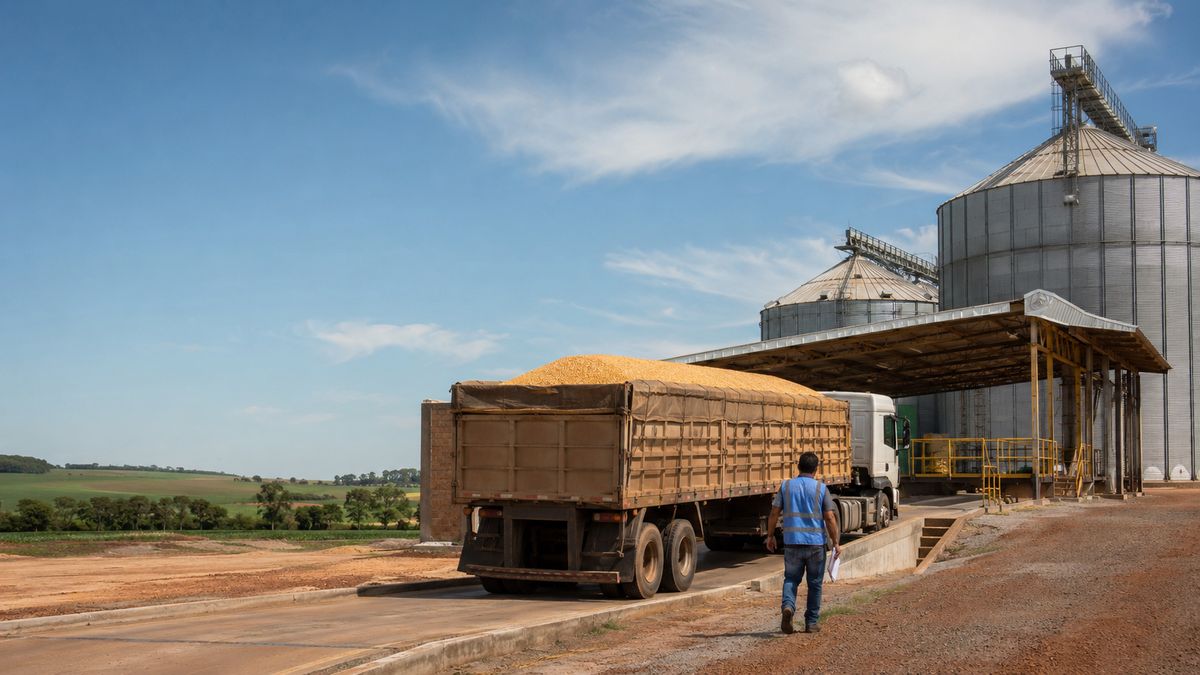 Caminhão graneleiro carregado de milho sobre balança rodoviária do depósito