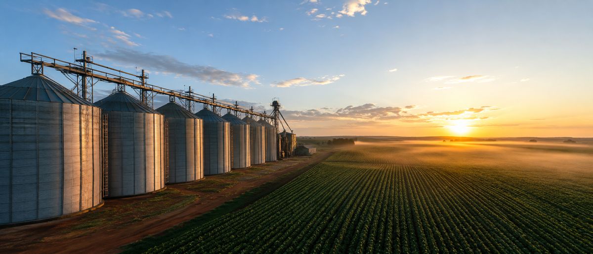 Silos metálicos de armazenagem de grãos ao amanhecer com plantação de soja ao lado