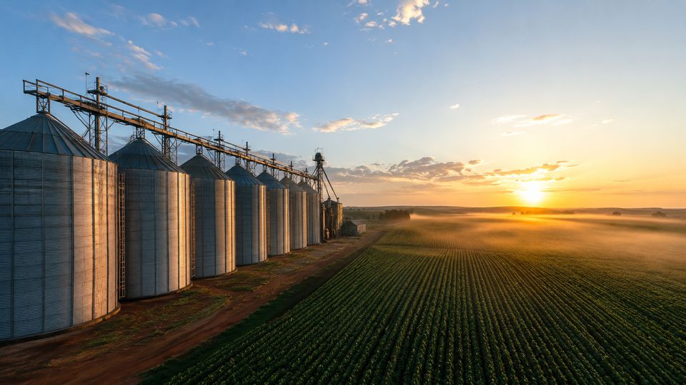 Silos de armazenagem de grãos ao amanhecer com lavoura de soja